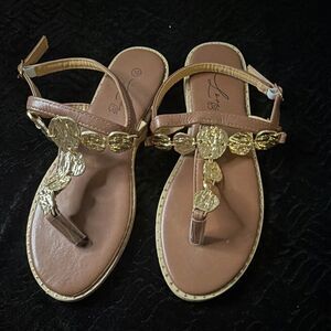 Love 83 Women's Brown/Gold Leather Rhinestone Thong Sandals Ankle Strap 10